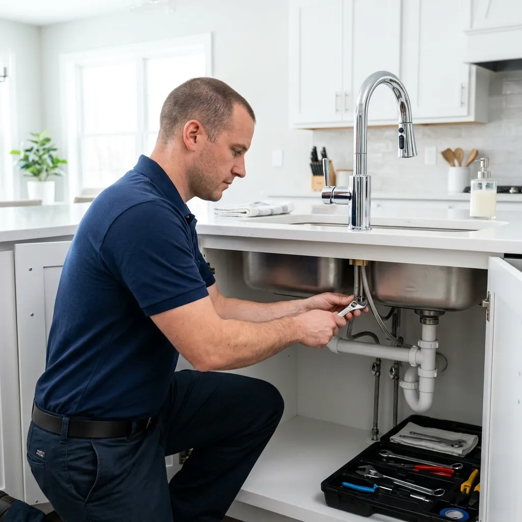 Técnico cambiando grifo de cocina en vivienda de Madrid