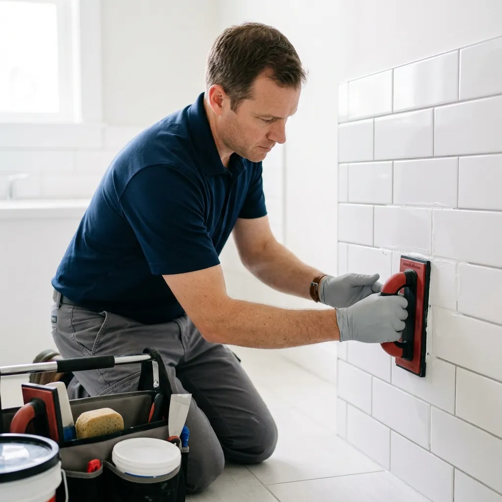 Aplicación de lechada nueva entre azulejos de baño en Madrid