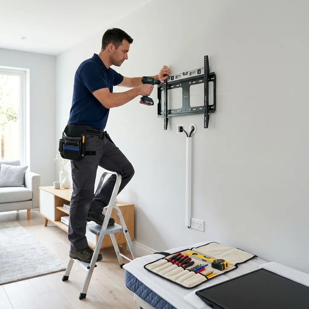 Instalación de televisor en la pared en salón de vivienda de Madrid